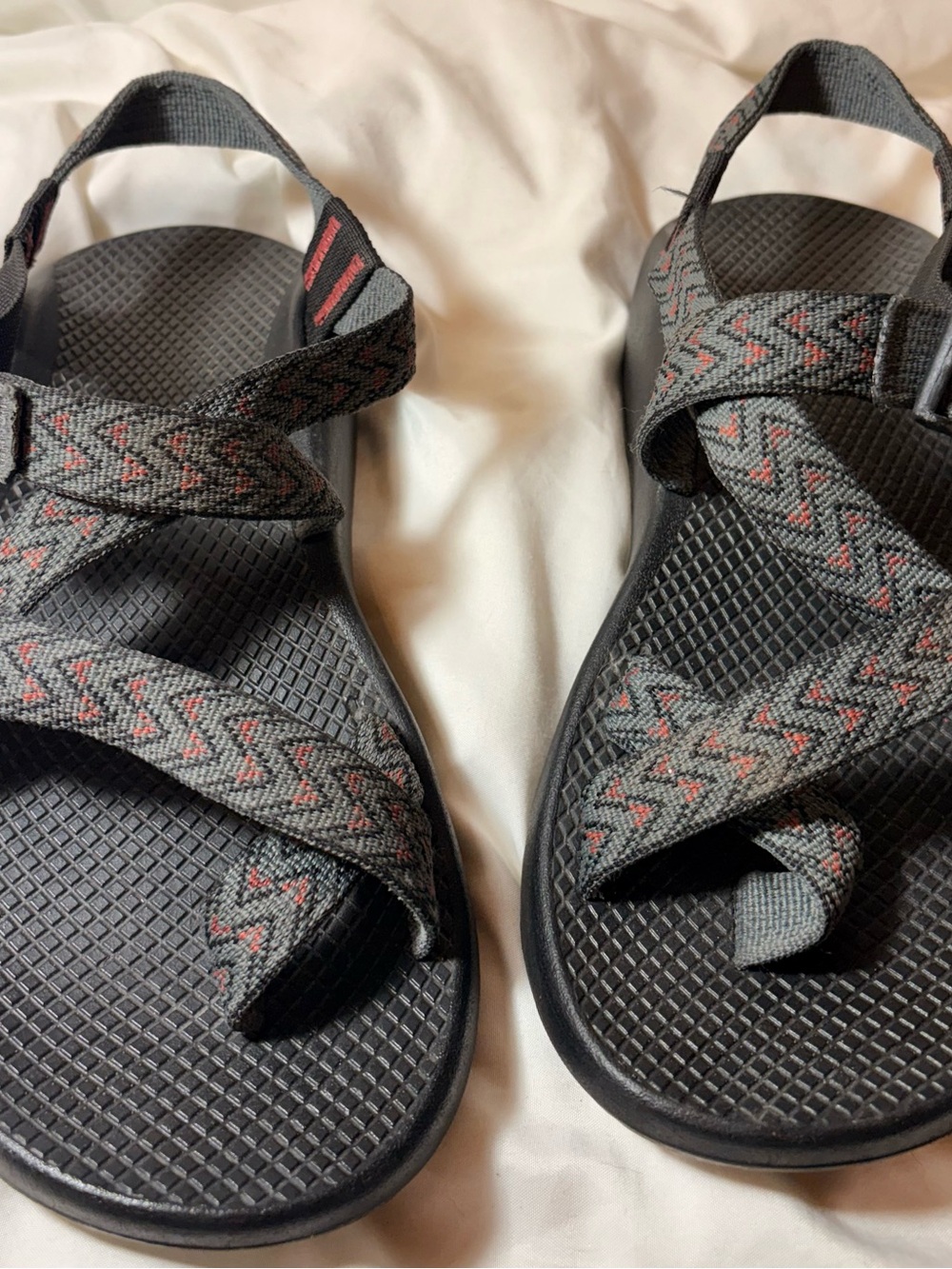 Chaco Men's Gray Sandals with Red Chevron Accents